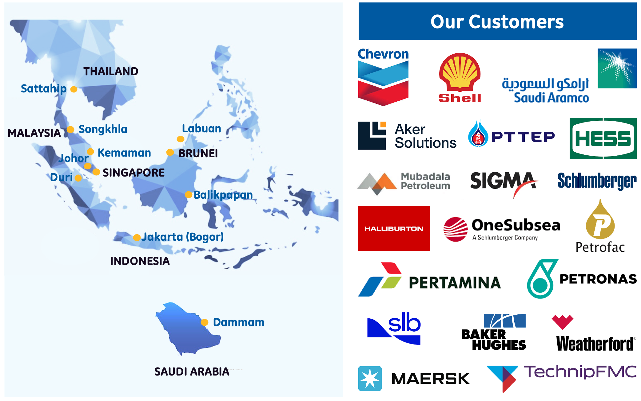 Map with office locations on the left and customer logos on the right